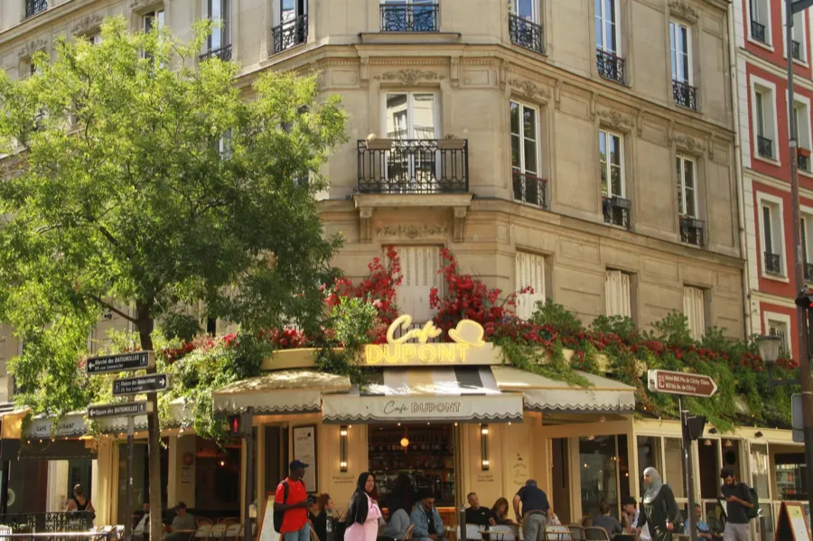 The terrace at Café Dupont, on the corner of rue Brochant